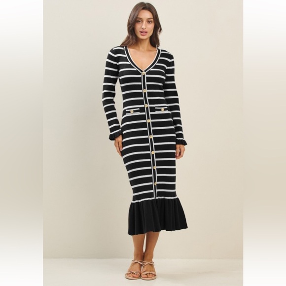 Dresses & Skirts - 232. Striped Knot Dress With Ruffle Hem in black and white